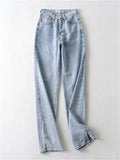 Fashionable High-Rise Zipper Button Pocket Slit Cuff Straight Denim Pants Shopvhs.com