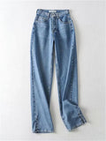 Fashionable High-Rise Zipper Button Pocket Slit Cuff Straight Denim Pants Shopvhs.com