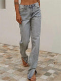 Fashionable High-Rise Zipper Button Pocket Slit Cuff Straight Denim Pants