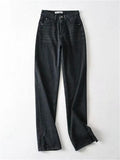 Fashionable High-Rise Zipper Button Pocket Slit Cuff Straight Denim Pants Shopvhs.com