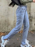 Fashionable High-Rise Zipper Button Pocket Slit Cuff Straight Denim Pants Shopvhs.com