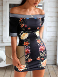 Fashionable Off Shoulder Floral Printed Short Sleeve Bodycon Mini Dress Shopvhs.com