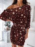 Fashionable One Shoulder Star Printed Long Sleeve Waist Tie Midi Dress Shopvhs.com