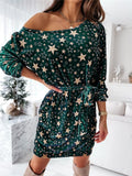 Fashionable One Shoulder Star Printed Long Sleeve Waist Tie Midi Dress Shopvhs.com