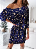Fashionable One Shoulder Star Printed Long Sleeve Waist Tie Midi Dress Shopvhs.com