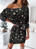 Fashionable One Shoulder Star Printed Long Sleeve Waist Tie Midi Dress Shopvhs.com