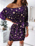 Fashionable One Shoulder Star Printed Long Sleeve Waist Tie Midi Dress Shopvhs.com