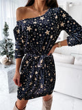 Fashionable One Shoulder Star Printed Long Sleeve Waist Tie Midi Dress Shopvhs.com