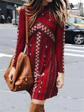 Fashionable Round Neck Printed Long Sleeve Pullover Midi Dress