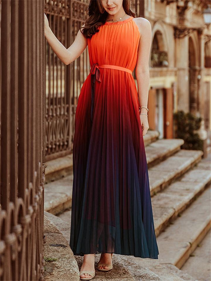 Fashionable Round Neck Sleeveless Gradient Color Waist Tie Dress Shopvhs.com