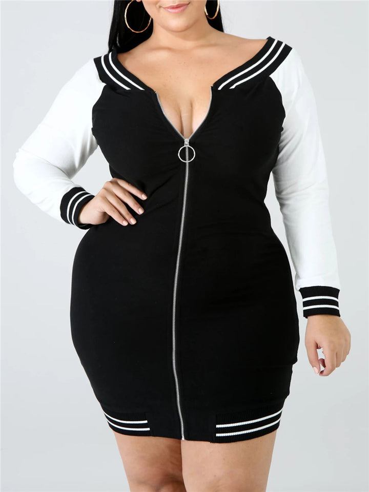 Fashionable Sexy Long Sleeve Color Matching Stripe Neck Dress Shopvhs.com