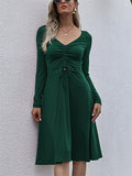 Fashionable V Neck Front Ruched Design Long Sleeve Midi Flare Dress Shopvhs.com