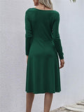 Fashionable V Neck Front Ruched Design Long Sleeve Midi Flare Dress Shopvhs.com