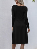 Fashionable V Neck Front Ruched Design Long Sleeve Midi Flare Dress Shopvhs.com