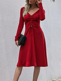 Fashionable V Neck Front Ruched Design Long Sleeve Midi Flare Dress Shopvhs.com