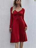 Fashionable V Neck Front Ruched Design Long Sleeve Midi Flare Dress Shopvhs.com