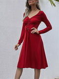 Fashionable V Neck Front Ruched Design Long Sleeve Midi Flare Dress Shopvhs.com