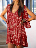Fashionable V Neck Shoulder Slit Long Sleeve Polka Dot Mini Dress Shopvhs.com