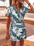 Fashionable Warp V Neck Short Sleeve Leaf Printed Wait Tie Mini Dress Shopvhs.com