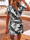 Fashionable Warp V Neck Short Sleeve Leaf Printed Wait Tie Mini Dress Shopvhs.com
