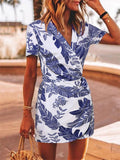 Fashionable Warp V Neck Short Sleeve Leaf Printed Wait Tie Mini Dress Shopvhs.com