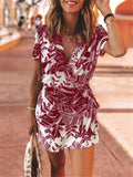 Fashionable Warp V Neck Short Sleeve Leaf Printed Wait Tie Mini Dress Shopvhs.com