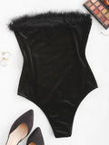 Faux Fur Panel Velvet Strapless Bodysuit Shopvhs.com
