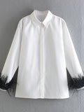 Feather Lapel Long Sleeve Blouse Shopvhs.com