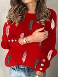 Feather Print Round Neck Long Sleeve Knit T-Shirt Shopvhs.com