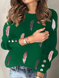 Feather Print Round Neck Long Sleeve Knit T-Shirt Shopvhs.com