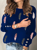 Feather Print Round Neck Long Sleeve Knit T-Shirt Shopvhs.com