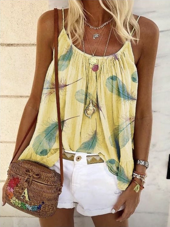 Feather Print Sling Sleeveless Casual Vest Shopvhs.com