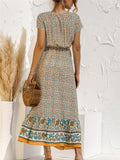 Feminine Charm Waist Drawstring V Neck Floral Pattern Midi Dress Shopvhs.com