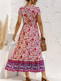 Feminine Charm Waist Drawstring V Neck Floral Pattern Midi Dress Shopvhs.com