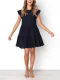 Feminine Cutout Design Cap Sleeve Pleated Ruffled Flare Dress Shopvhs.com