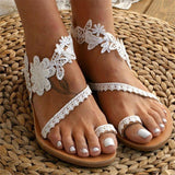 Feminine Design Toe-Ring Floral Lace Panel Flat Rubber Sole Lightweight Sandals