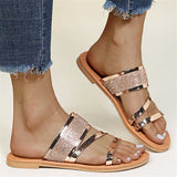 Feminine Elegant Shining Rhinestone Embellished Flat Rubber Sole Slides Shopvhs.com