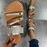 Feminine Elegant Shining Rhinestone Embellished Flat Rubber Sole Slides Shopvhs.com