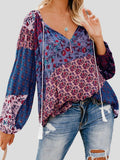 Floral Print V-Neck Drawstring Long Sleeve Blouse Shopvhs.com