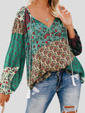 Floral Print V-Neck Drawstring Long Sleeve Blouse Shopvhs.com