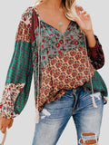 Floral Print V-Neck Drawstring Long Sleeve Blouse Shopvhs.com