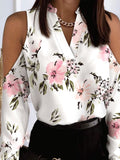 Floral Print V-Neck Off-The-Shoulder Long Sleeve Blouse Shopvhs.com