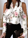 Floral Print V-Neck Off-The-Shoulder Long Sleeve Blouse Shopvhs.com