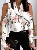 Floral Print V-Neck Off-The-Shoulder Long Sleeve Blouse Shopvhs.com
