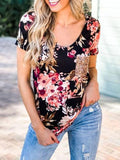 Floral Sequins Pocket V-neck T-shirt Shopvhs.com