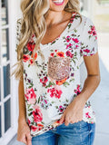 Floral Sequins Pocket V-neck T-shirt Shopvhs.com