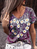 Flower Heart Print V-Neck Short Sleeve T-Shirt Shopvhs.com