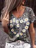 Flower Heart Print V-Neck Short Sleeve T-Shirt Shopvhs.com