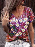 Flower Heart Print V-Neck Short Sleeve T-Shirt Shopvhs.com