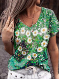 Flower Heart Print V-Neck Short Sleeve T-Shirt Shopvhs.com